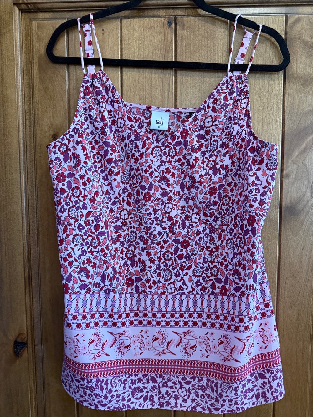 CAbi Indira Red & Pink Floral Border-Print Silk Cami
